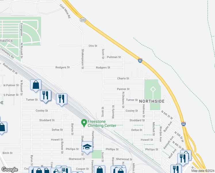 map of restaurants, bars, coffee shops, grocery stores, and more near 1039 Palmer Street in Missoula