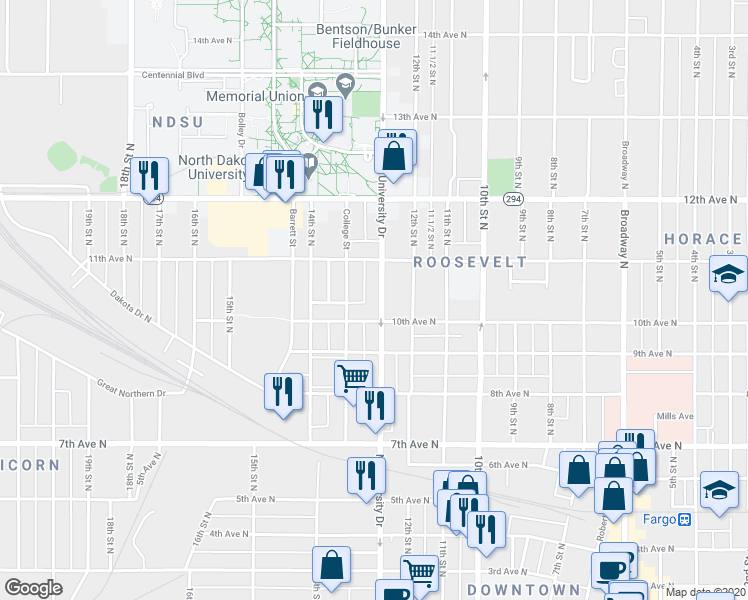 map of restaurants, bars, coffee shops, grocery stores, and more near 1014 North University Drive in Fargo