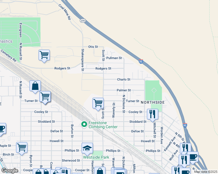 map of restaurants, bars, coffee shops, grocery stores, and more near 1039 Palmer Street in Missoula