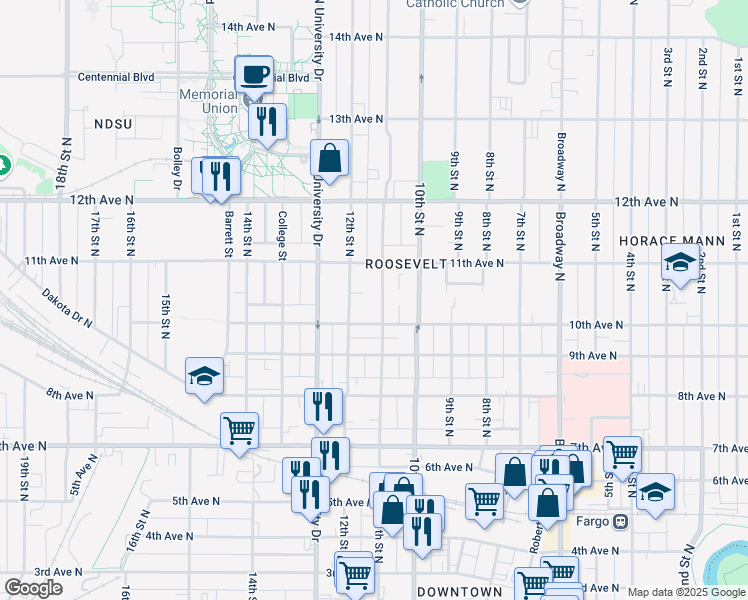 map of restaurants, bars, coffee shops, grocery stores, and more near 1015 10th Avenue North in Fargo