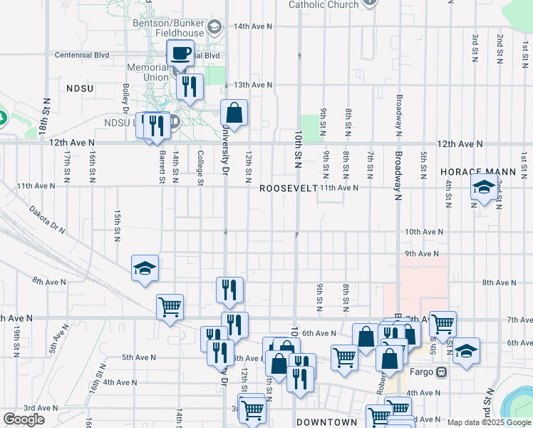 map of restaurants, bars, coffee shops, grocery stores, and more near 1020 11th Street North in Fargo