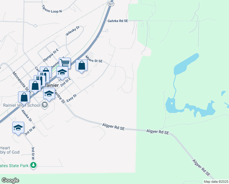 map of restaurants, bars, coffee shops, grocery stores, and more near 713 Myers Street Southeast in Rainier
