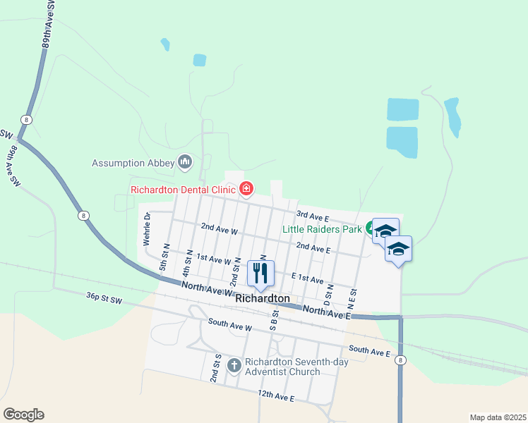 map of restaurants, bars, coffee shops, grocery stores, and more near 319 Main Street North in Richardton