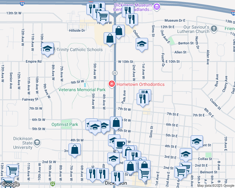 map of restaurants, bars, coffee shops, grocery stores, and more near 811 Park Avenue in Dickinson
