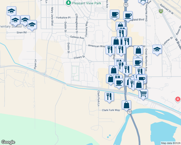 map of restaurants, bars, coffee shops, grocery stores, and more near 2445 Clark Fork Lane in Missoula