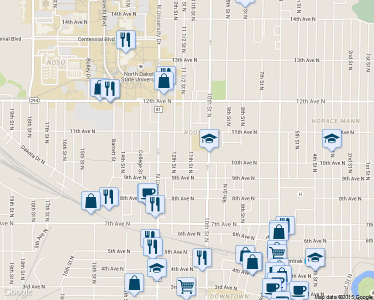 map of restaurants, bars, coffee shops, grocery stores, and more near 1015 10th Avenue North in Fargo