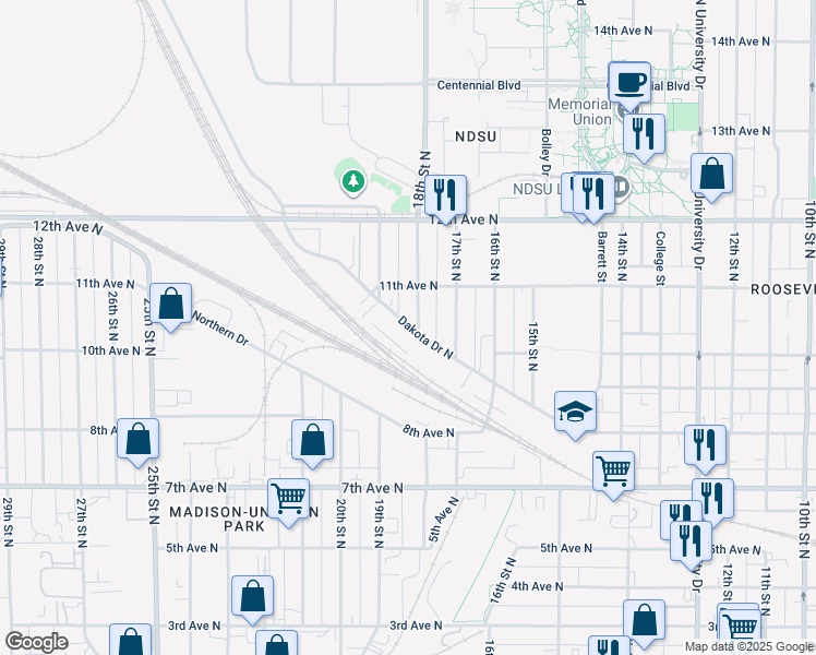 map of restaurants, bars, coffee shops, grocery stores, and more near 1812 Dakota Drive North in Fargo