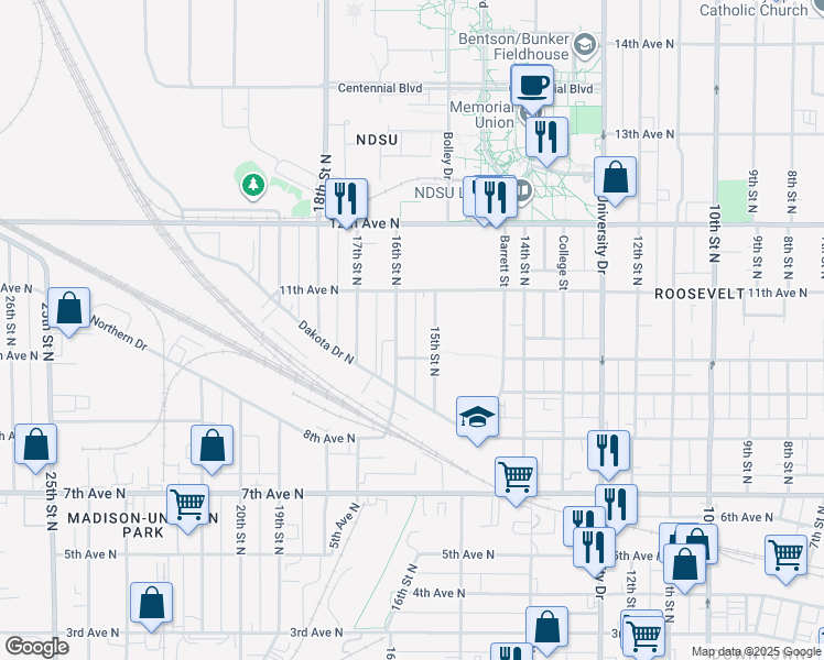 map of restaurants, bars, coffee shops, grocery stores, and more near 1017 16th Street North in Fargo