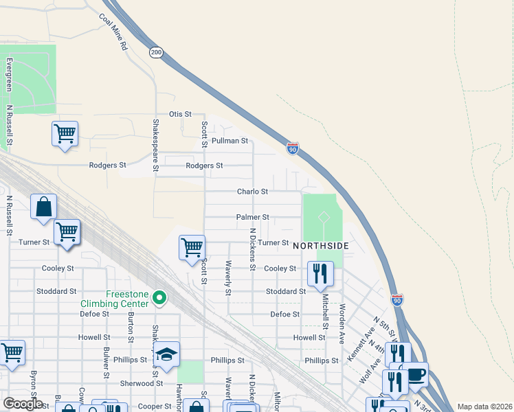 map of restaurants, bars, coffee shops, grocery stores, and more near 8 North Dickens Street in Missoula