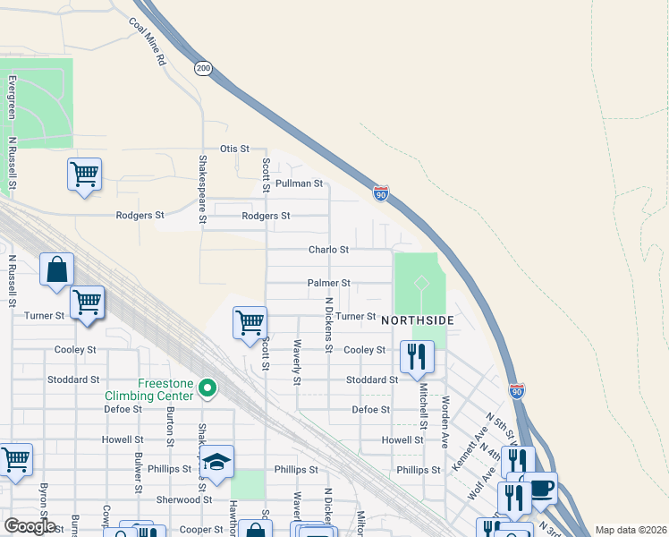 map of restaurants, bars, coffee shops, grocery stores, and more near 8 North Dickens Street in Missoula