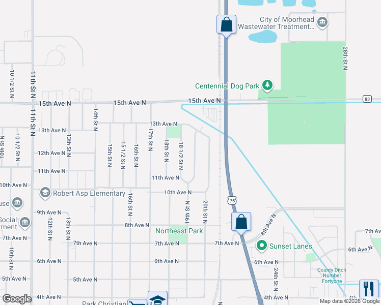 map of restaurants, bars, coffee shops, grocery stores, and more near 1124 19th Street North in Moorhead