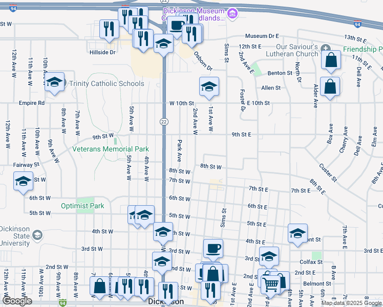 map of restaurants, bars, coffee shops, grocery stores, and more near 829 2nd Avenue West in Dickinson