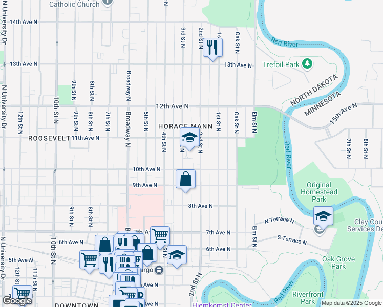 map of restaurants, bars, coffee shops, grocery stores, and more near 1025 3rd Street North in Fargo