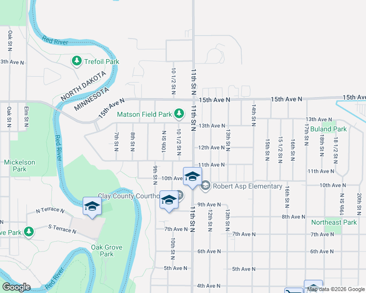 map of restaurants, bars, coffee shops, grocery stores, and more near 1028 11th Avenue North in Moorhead