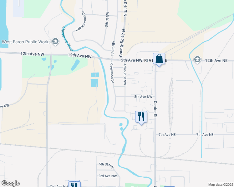 map of restaurants, bars, coffee shops, grocery stores, and more near 710 Armour Street Northwest in West Fargo