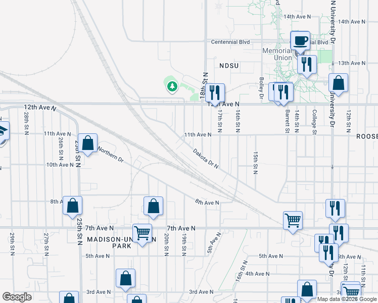 map of restaurants, bars, coffee shops, grocery stores, and more near 1812 Dakota Drive North in Fargo