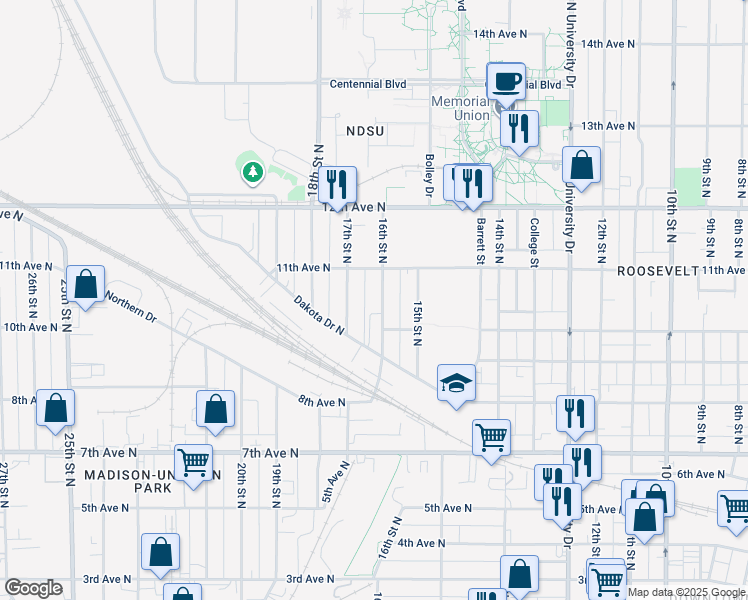 map of restaurants, bars, coffee shops, grocery stores, and more near 1022 16th Street North in Fargo