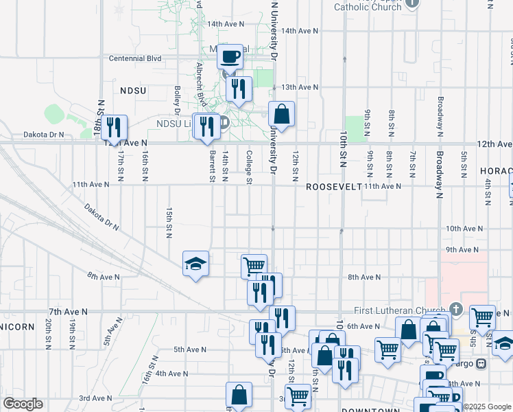 map of restaurants, bars, coffee shops, grocery stores, and more near 1001 College Street in Fargo