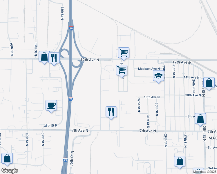 map of restaurants, bars, coffee shops, grocery stores, and more near 903 35th Avenue South in Fargo