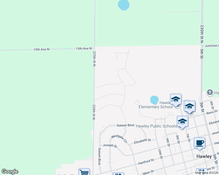 map of restaurants, bars, coffee shops, grocery stores, and more near 2311 Meadow Lane in Hawley