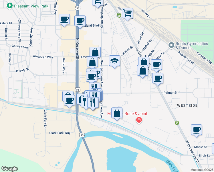 map of restaurants, bars, coffee shops, grocery stores, and more near 3000 Palmer St in Missoula