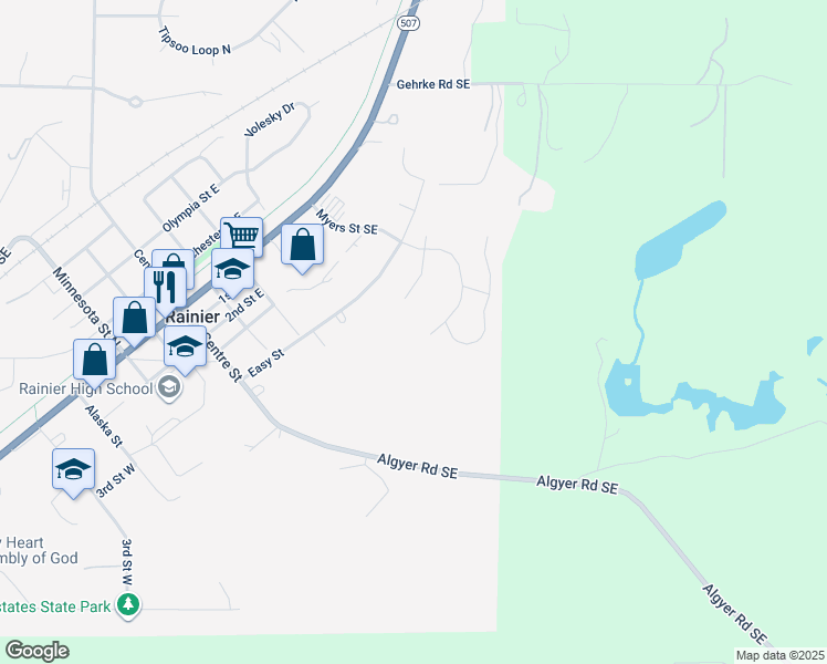 map of restaurants, bars, coffee shops, grocery stores, and more near 713 Myers Street Southeast in Rainier