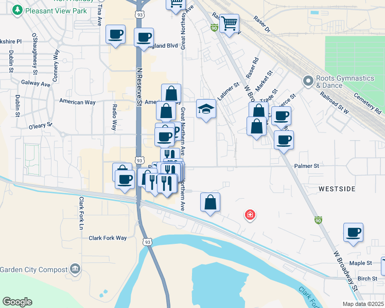 map of restaurants, bars, coffee shops, grocery stores, and more near 3000 Palmer St in Missoula
