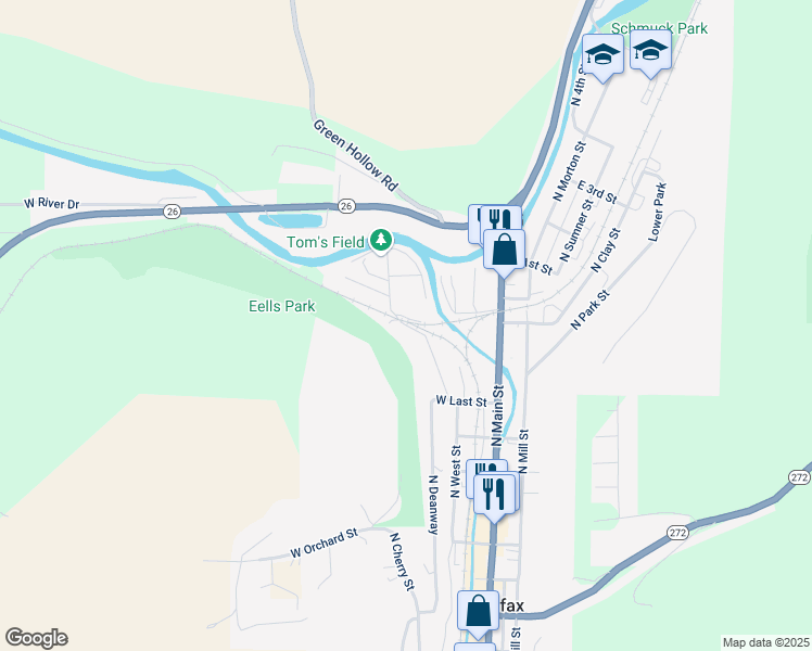 map of restaurants, bars, coffee shops, grocery stores, and more near 623 North Perkins Avenue in Colfax