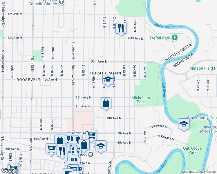 map of restaurants, bars, coffee shops, grocery stores, and more near 1025 3rd Street North in Fargo