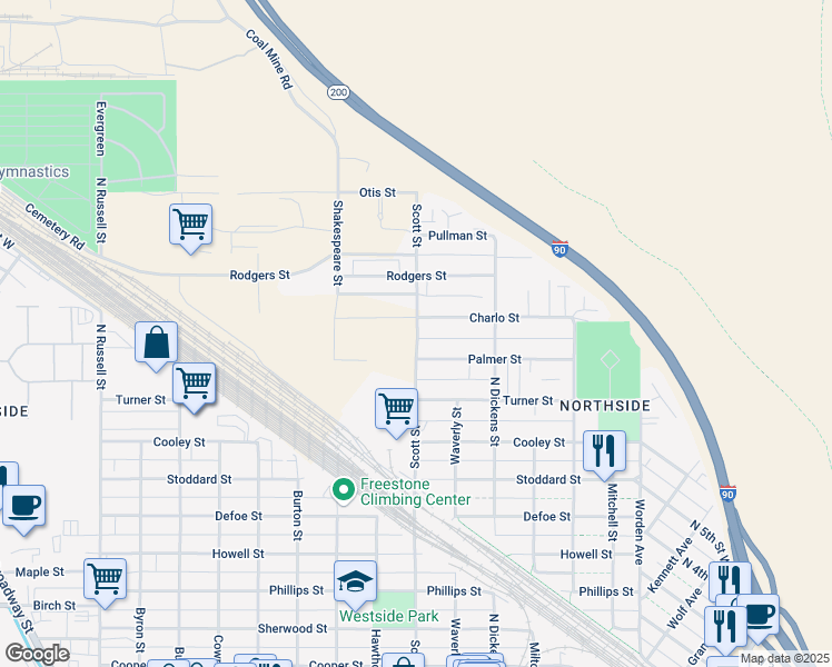 map of restaurants, bars, coffee shops, grocery stores, and more near 1702 Scott Street in Missoula