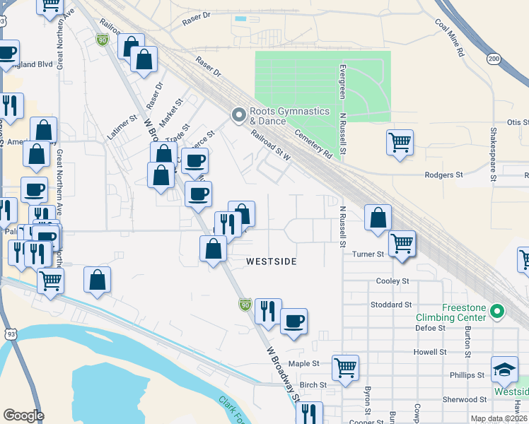 map of restaurants, bars, coffee shops, grocery stores, and more near 2-202 North Travois in Missoula