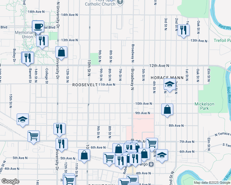 map of restaurants, bars, coffee shops, grocery stores, and more near 716 11th Avenue North in Fargo