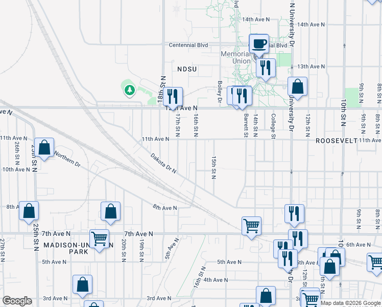 map of restaurants, bars, coffee shops, grocery stores, and more near 1614 11th Avenue North in Fargo