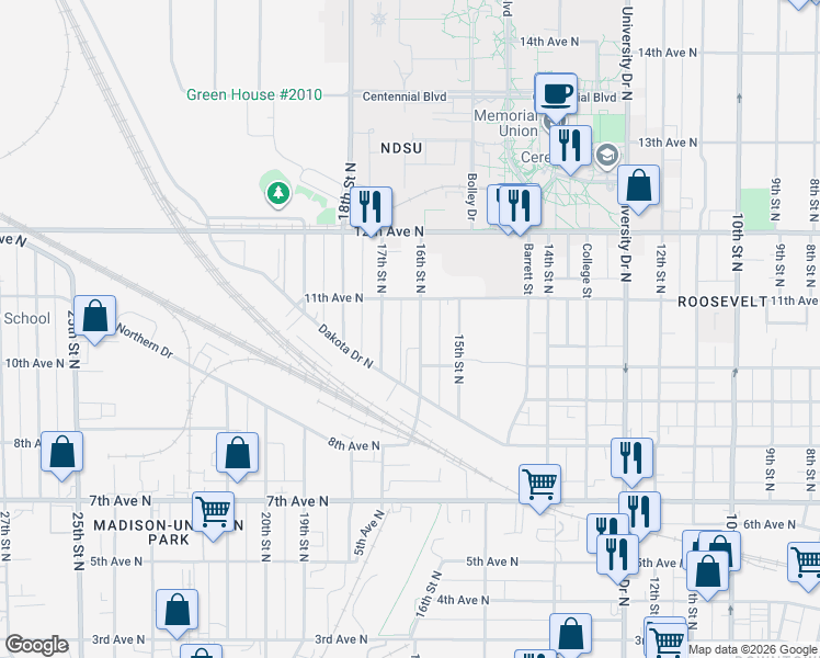 map of restaurants, bars, coffee shops, grocery stores, and more near 1026 16th Street North in Fargo