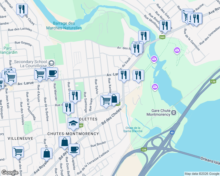 map of restaurants, bars, coffee shops, grocery stores, and more near 65 Rue Xavier Giroux in Quebec City