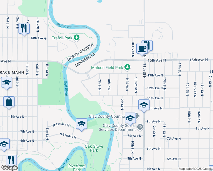 map of restaurants, bars, coffee shops, grocery stores, and more near 1209 8th Street North in Moorhead