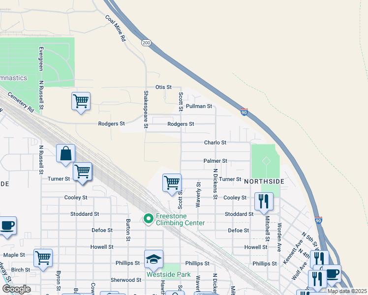 map of restaurants, bars, coffee shops, grocery stores, and more near 1702 Scott Street in Missoula