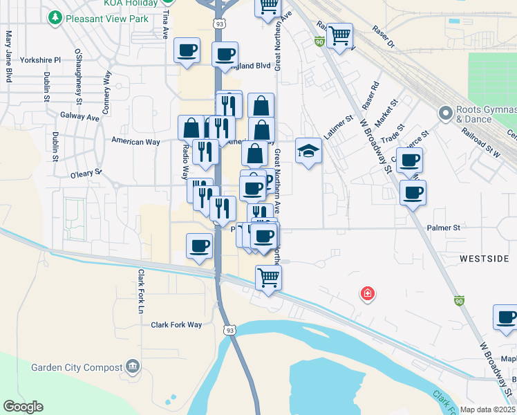 map of restaurants, bars, coffee shops, grocery stores, and more near 2420 North Reserve Street in Missoula