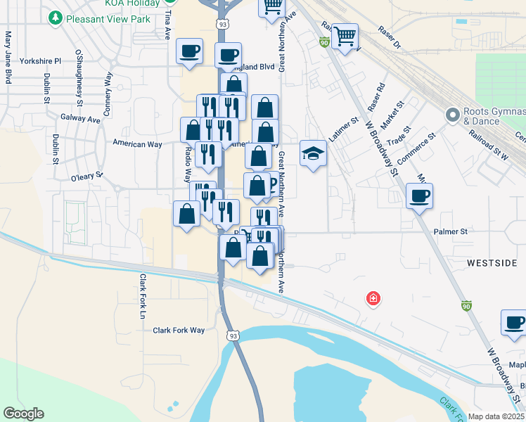 map of restaurants, bars, coffee shops, grocery stores, and more near 2420 North Reserve Street in Missoula