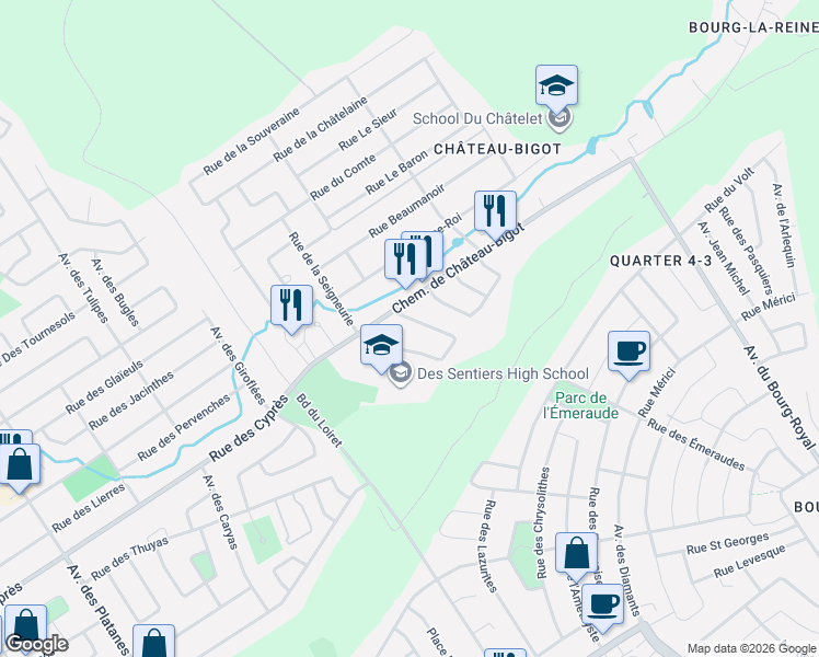 map of restaurants, bars, coffee shops, grocery stores, and more near 1431 Rue Pompadour in Québec