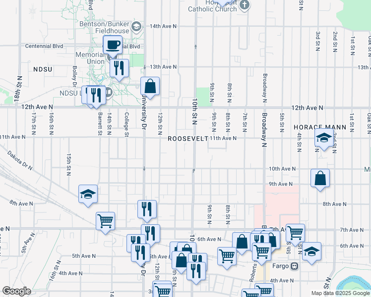 map of restaurants, bars, coffee shops, grocery stores, and more near 1026 10th Street North in Fargo