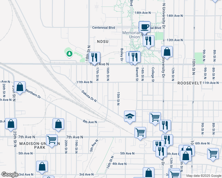 map of restaurants, bars, coffee shops, grocery stores, and more near 1510 11th Avenue North in Fargo