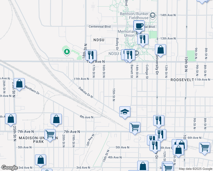map of restaurants, bars, coffee shops, grocery stores, and more near 1027 16th Street North in Fargo