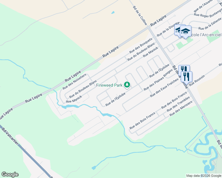 map of restaurants, bars, coffee shops, grocery stores, and more near 2653 Rue de la Corolle in Québec