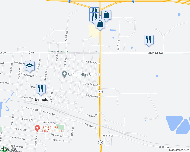 map of restaurants, bars, coffee shops, grocery stores, and more near 601 4th Avenue Northeast in Belfield
