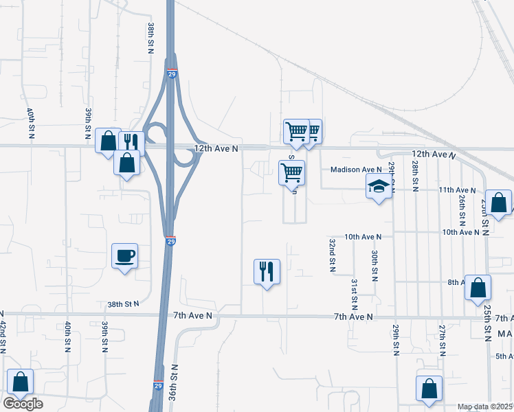 map of restaurants, bars, coffee shops, grocery stores, and more near 1103 35th Street North in Fargo