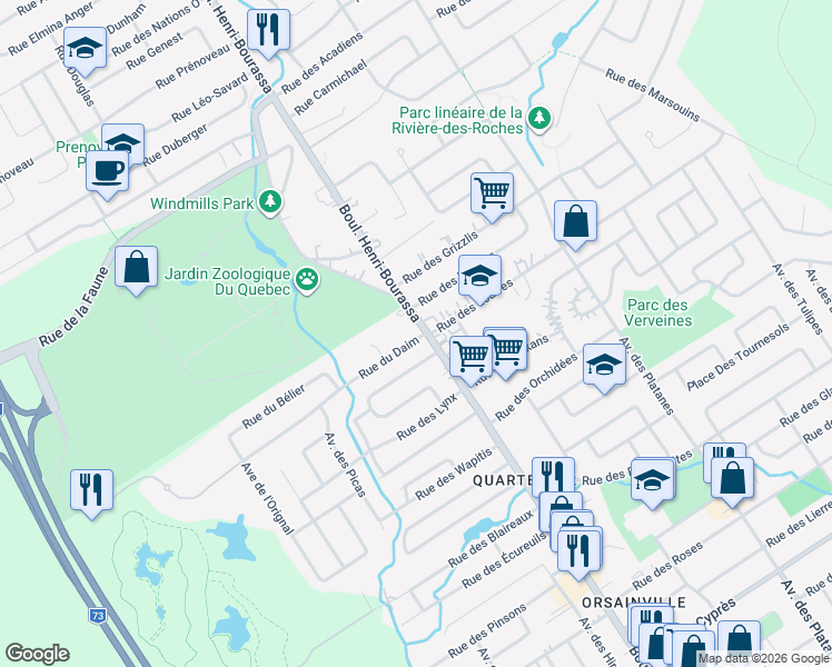 map of restaurants, bars, coffee shops, grocery stores, and more near 7101 Rue du Daim in Québec