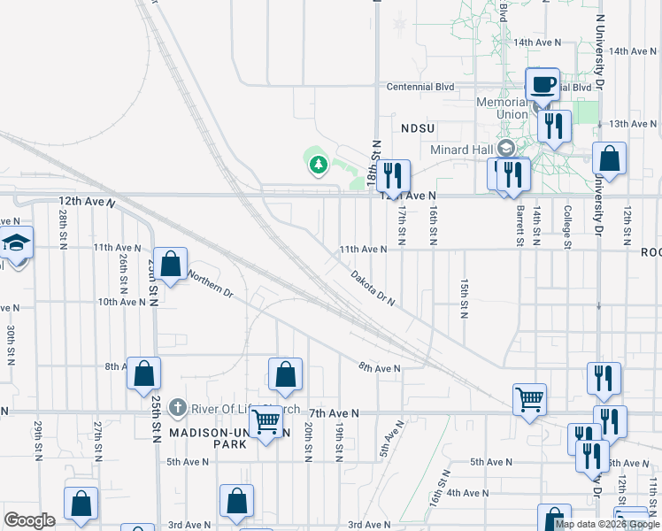 map of restaurants, bars, coffee shops, grocery stores, and more near 1900 Dakota Drive North in Fargo