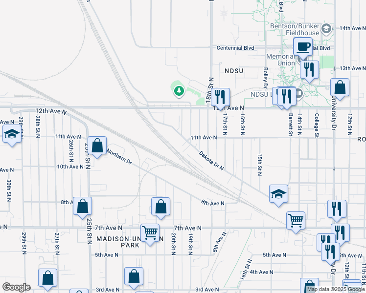 map of restaurants, bars, coffee shops, grocery stores, and more near 1900 Dakota Drive North in Fargo