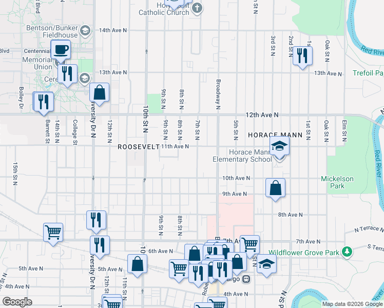map of restaurants, bars, coffee shops, grocery stores, and more near 716 11th Avenue North in Fargo